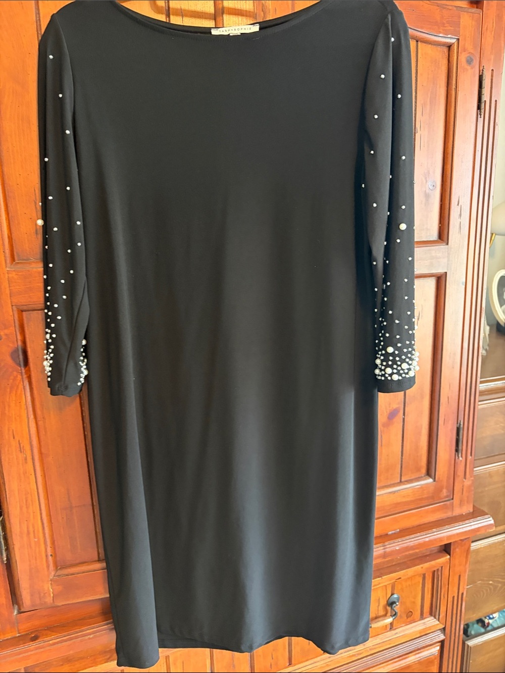 Pearl-Accent Black Long-Sleeve Dress